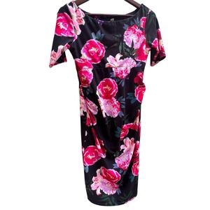 ASOS Maternity Rose Print Bodycon Dress Size 4 - Scoop Neck, 3/4 Sleeve, Stretch